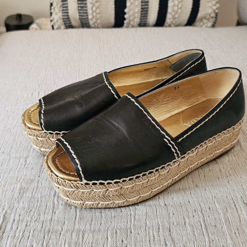 Prada Black and Tan Espadrille Platform Shoes